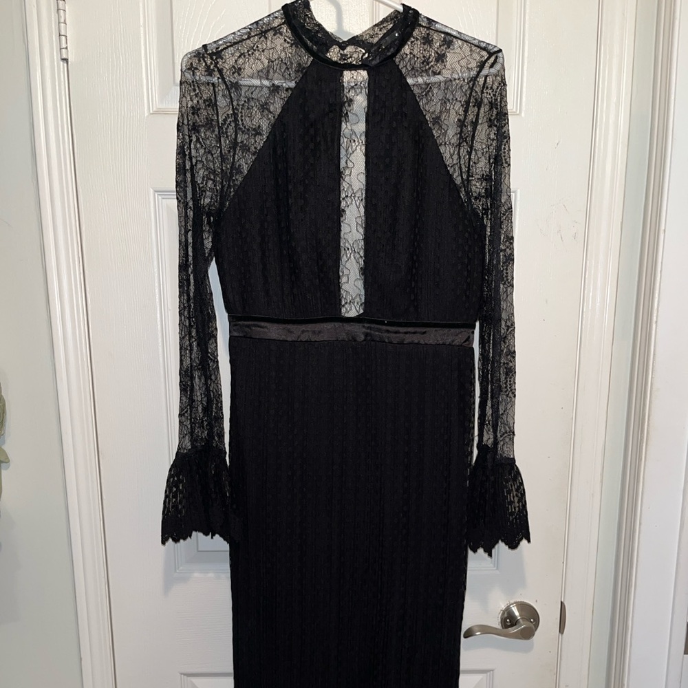 Black lace Topshop midi dress w/ long sleeves and lace panelling + open back